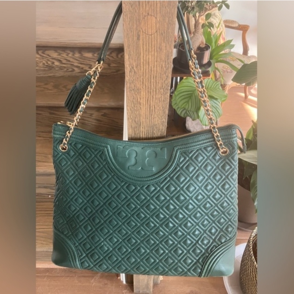 Tory Burch Fleming Large Diamond Quilted Leather Tote Bag Embossed Double T Logo